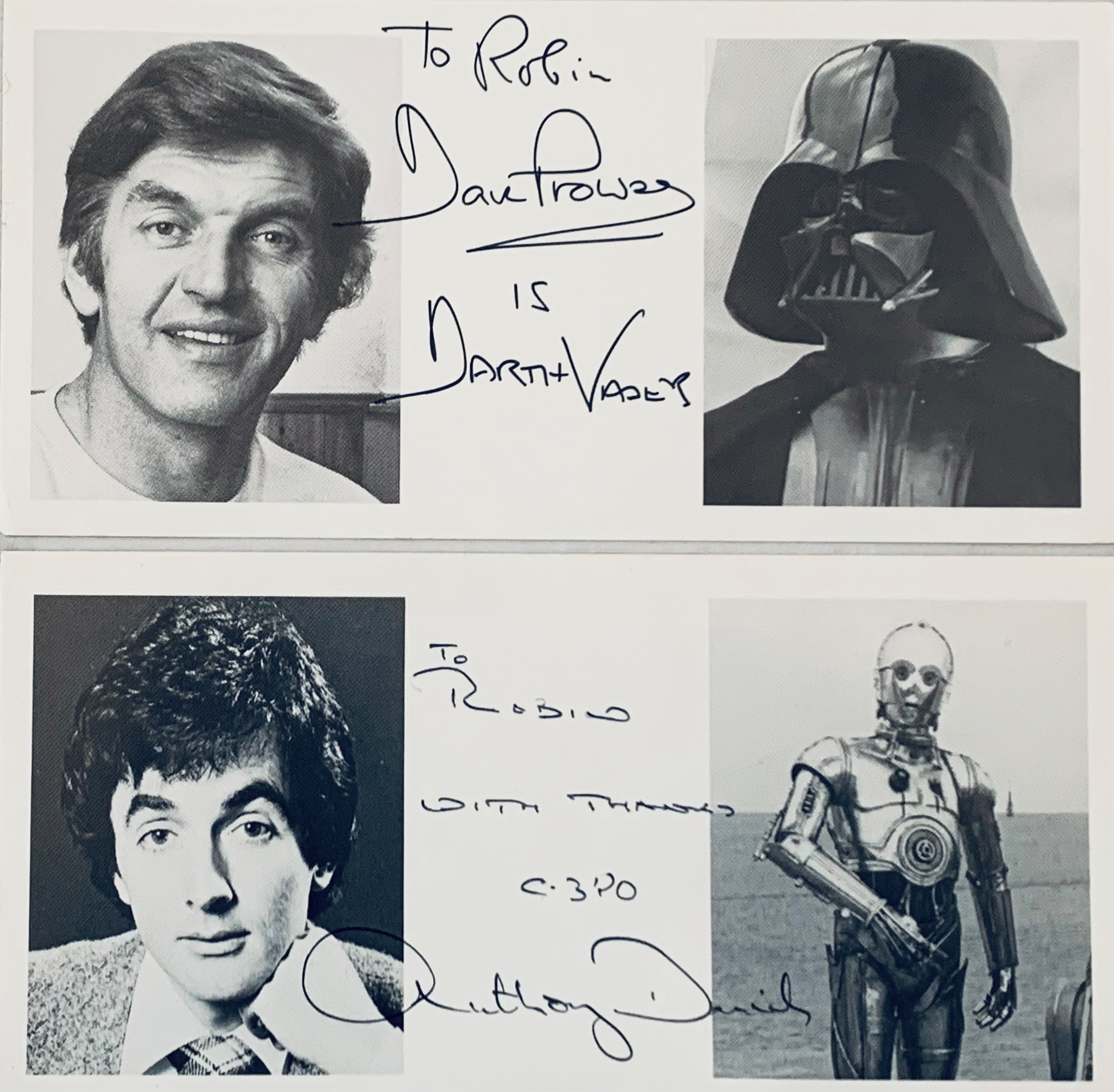 (STAR WARS). Prowse, Dan & Anthony Daniels - STAR WARS: TWO LUCASFILM PROMOTIONAL CARDS SIGNED BY DAN PROWSE (AS DARTH VADER) AND ANTHONY DANIELS (AS C-3PO)