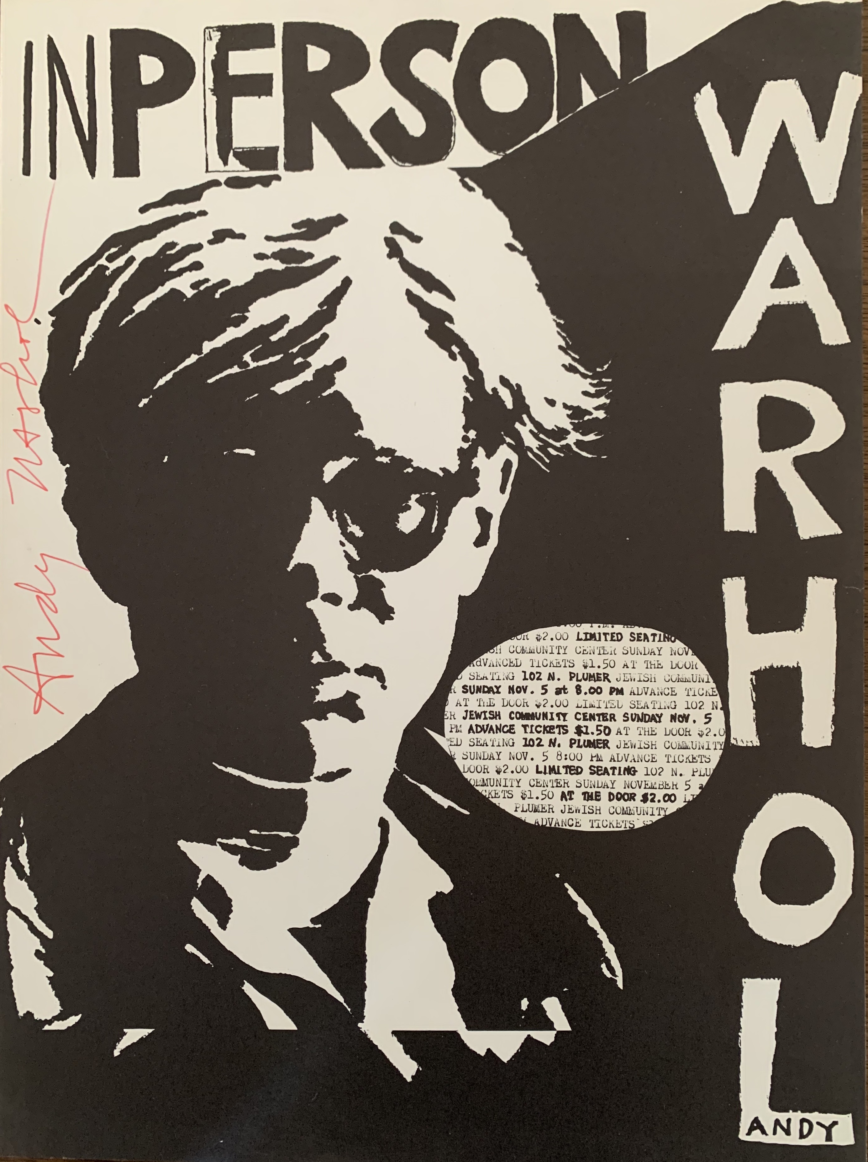 (WARHOL, ANDY). Warhol, Andy - ANDY WARHOL: POSTER FOR A 1967 FILM SCREENING AND PERSONAL APPEARANCE AT THE TUCSON JEWISH COMMUNITY CENTER - BOLDLY SIGNED BY THE ARTIST